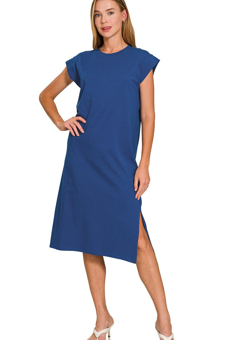 Zenana Round Neck Short Sleeve Midi Dress in Navy