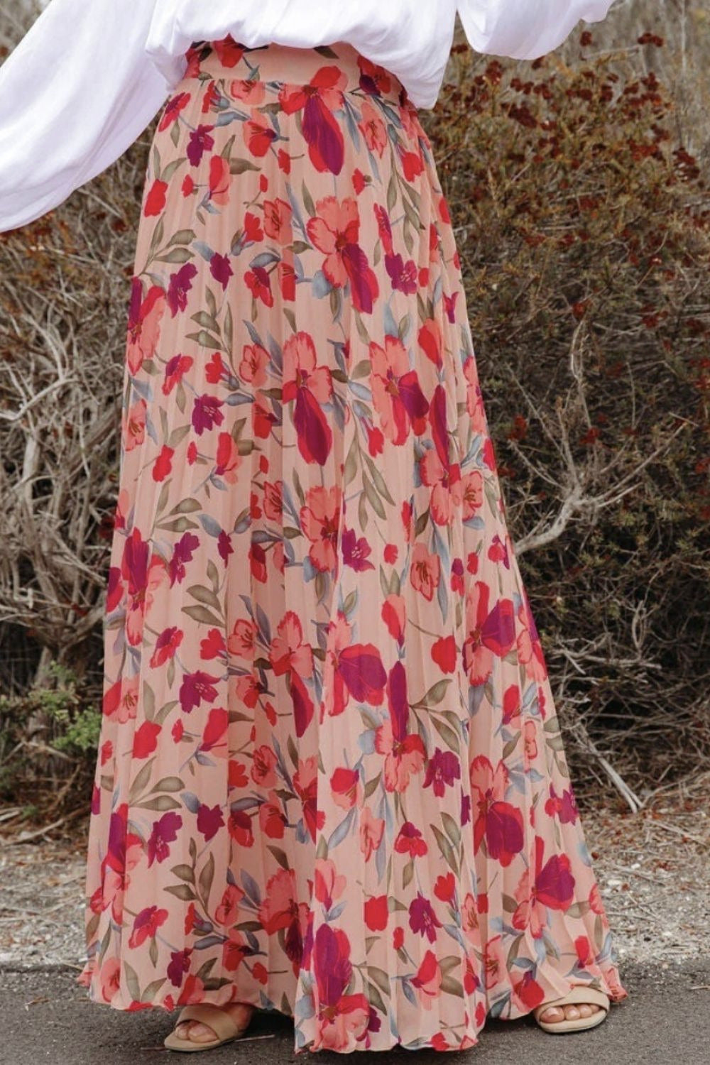 Petal Pink Elastic Waist Pleated Maxi Skirt