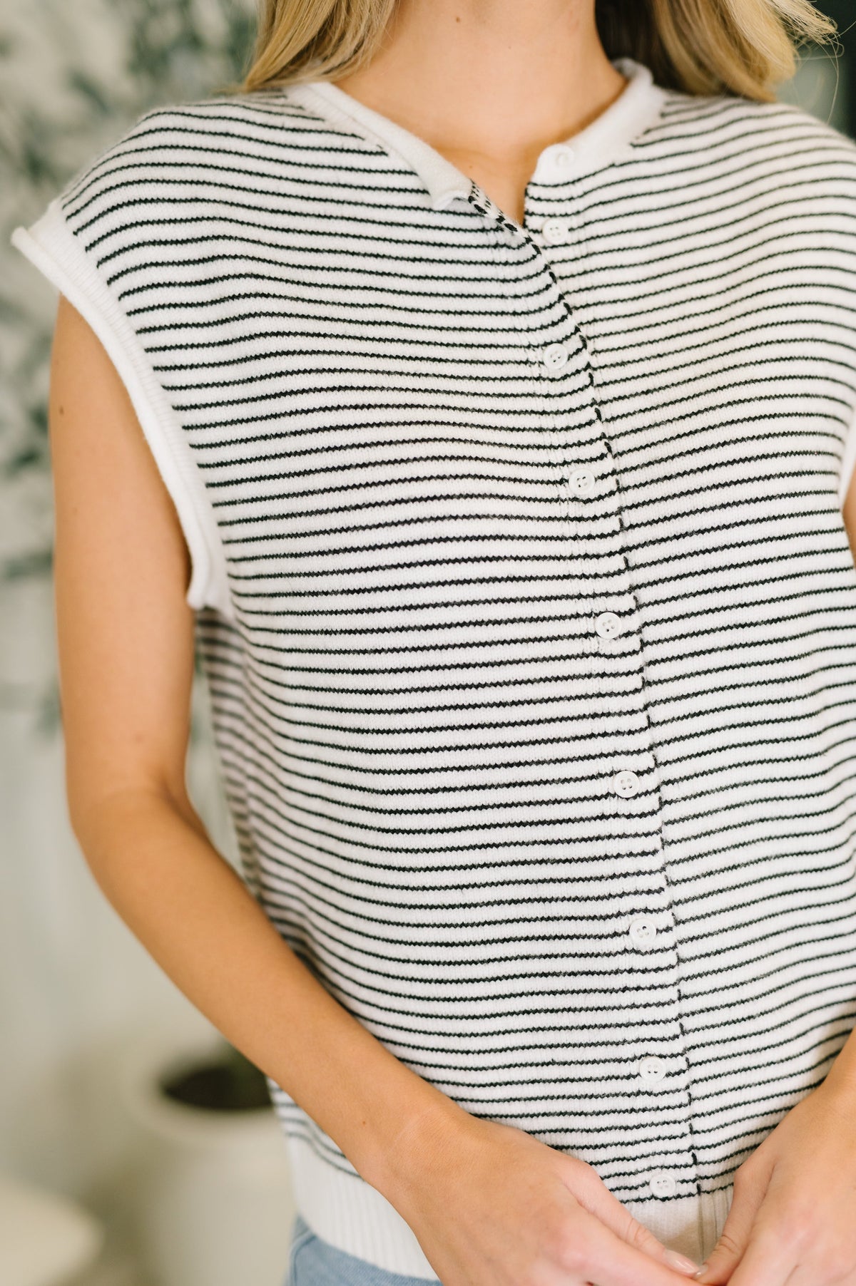 Stripe Cap Sleeve Button Down Top