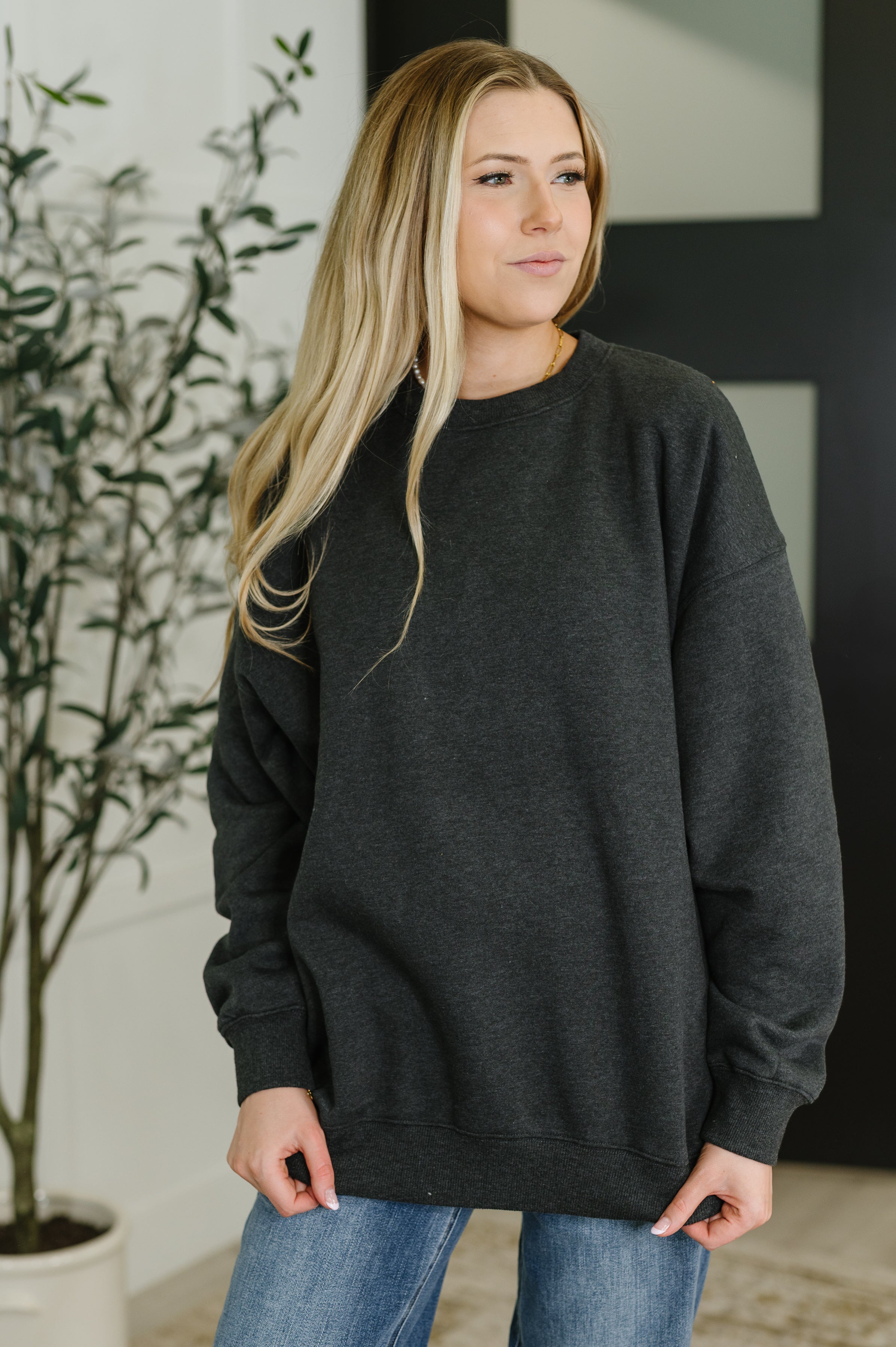 Zenana Weekend Retreat Relaxed Pullover in Charcoal