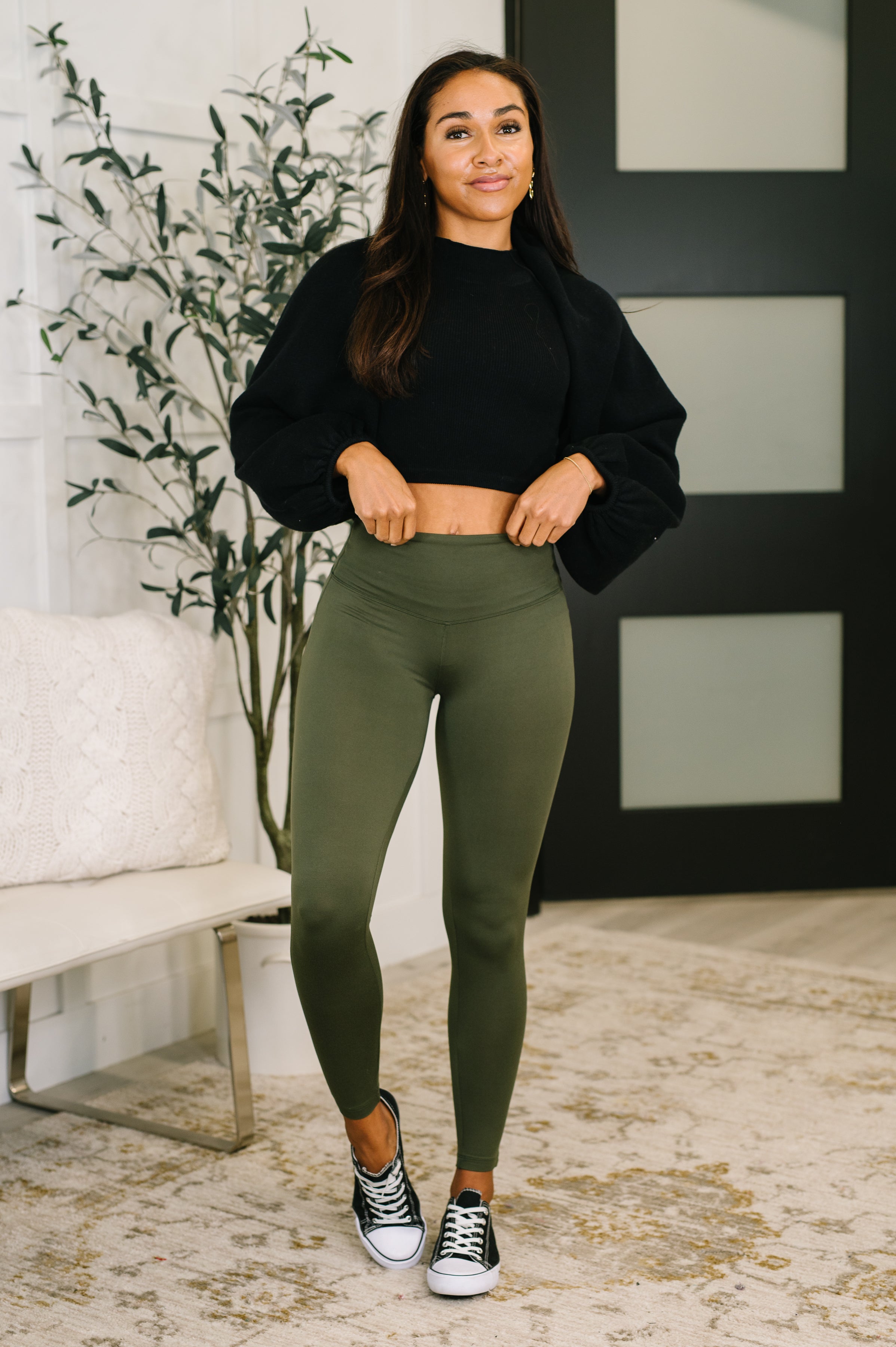 Premium Microfiber High Waisted Leggings in Dark Olive