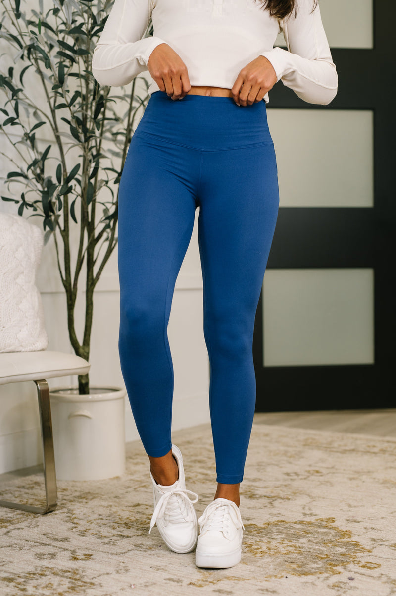 Zenana Premium Microfiber High Waisted Leggings in Light Navy
