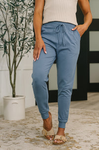 Zenana Cotton High Waisted Joggers in Dusty Blue