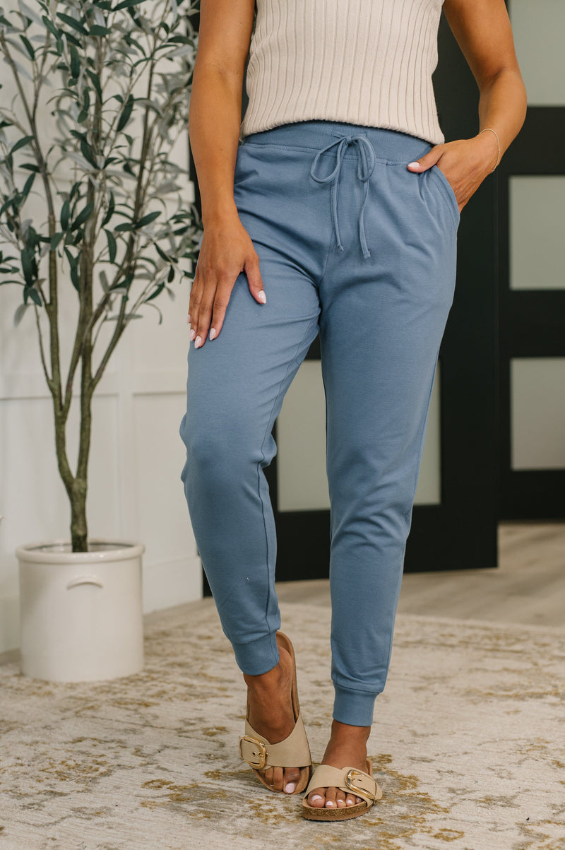 Zenana Cotton High Waisted Joggers in Dusty Blue