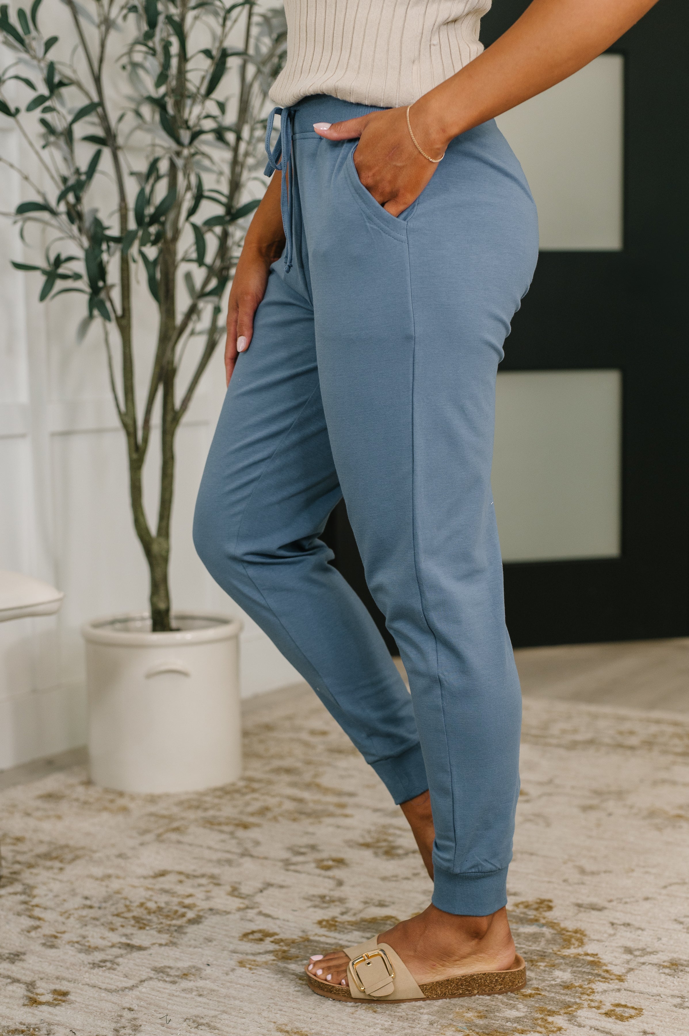 Zenana Cotton High Waisted Joggers in Dusty Blue