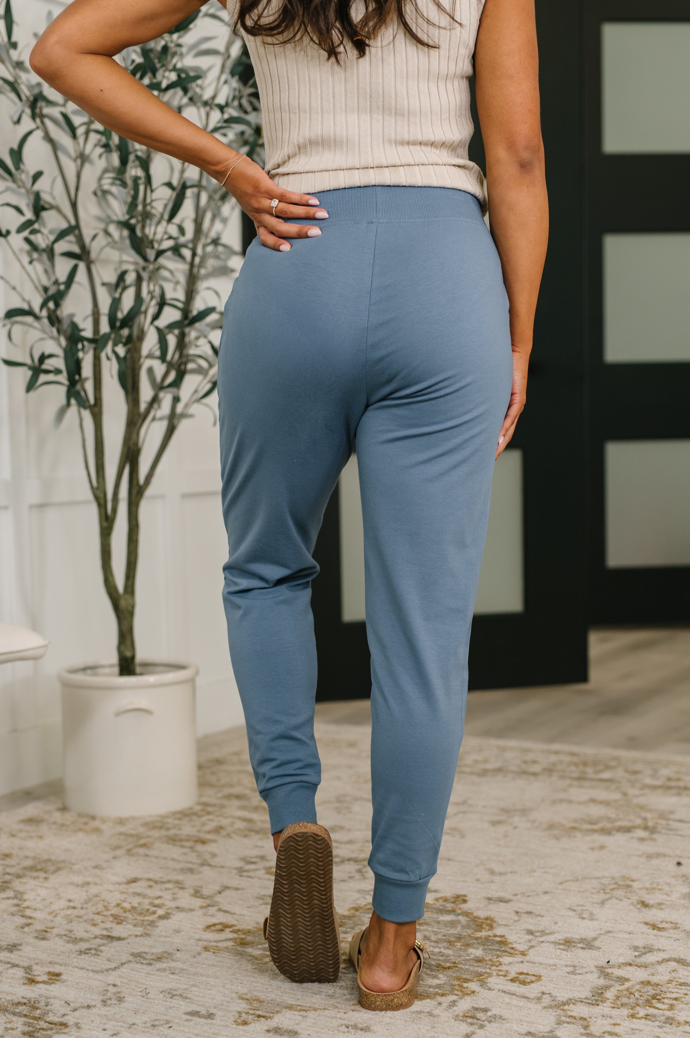 Zenana Cotton High Waisted Joggers in Dusty Blue
