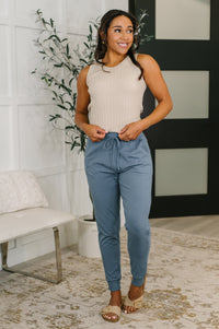 Zenana Cotton High Waisted Joggers in Dusty Blue