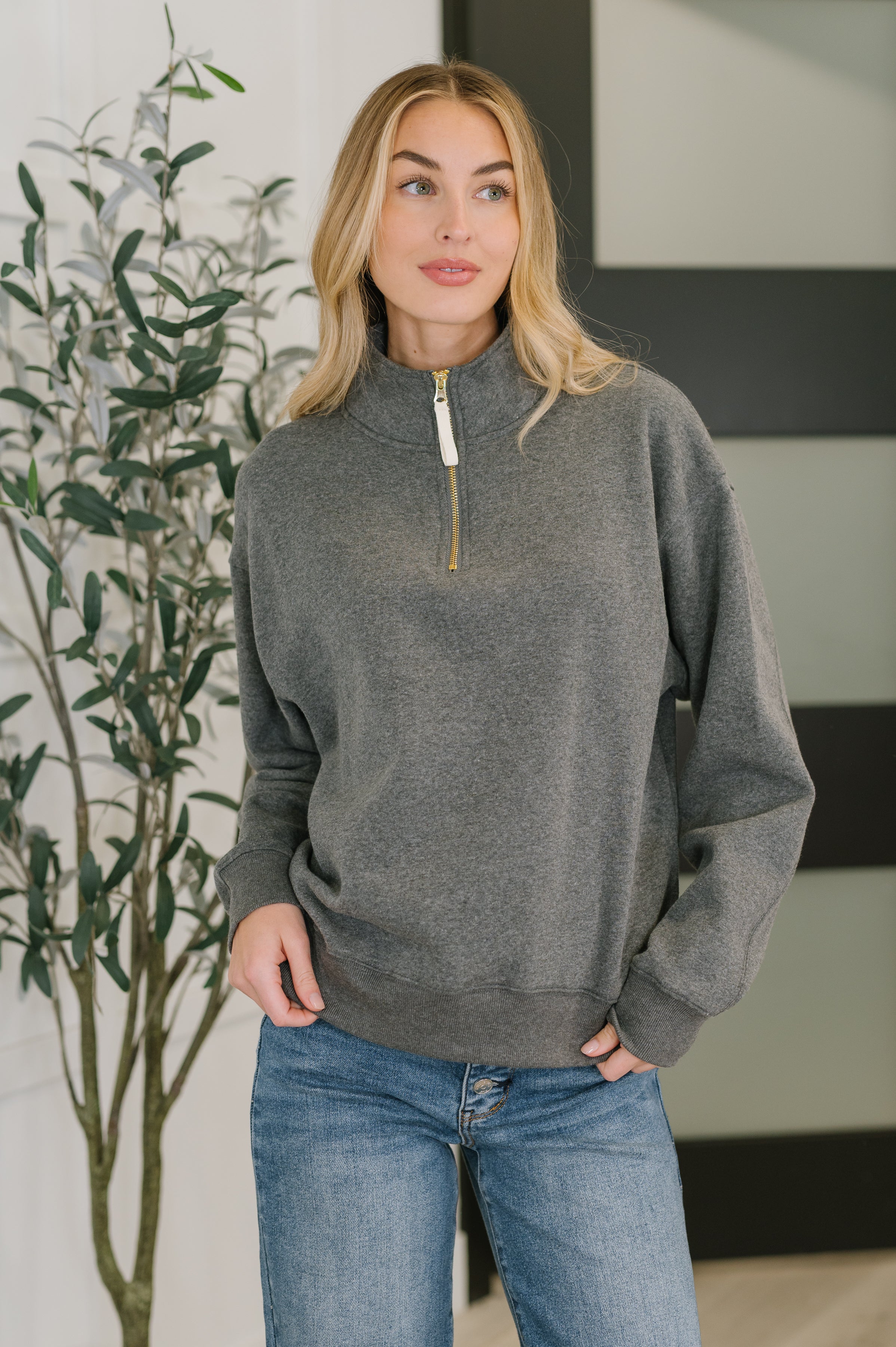 Zenana Quarter Zip Fleece Sweatshirt in Charcoal