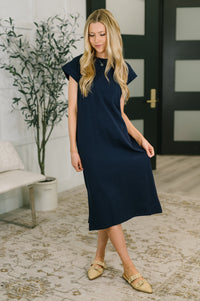 Zenana Round Neck Short Sleeve Midi Dress in Navy