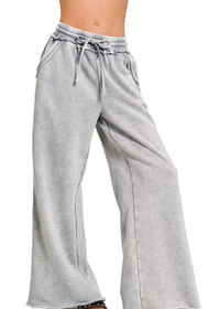 Acid Wash Fleece Palazzo Sweatpants with Pockets