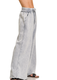 Acid Wash Fleece Palazzo Sweatpants with Pockets