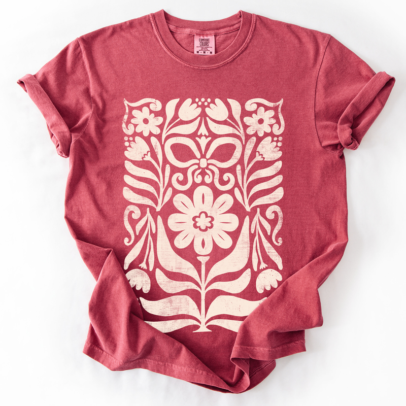 Vintage Flower Pattern Comfort Colors Graphic T-Shirt Crimson Red