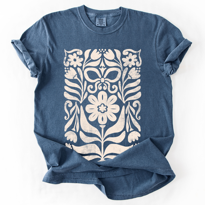 Vintage Flower Pattern Comfort Colors Graphic T-Shirt Denim Blue