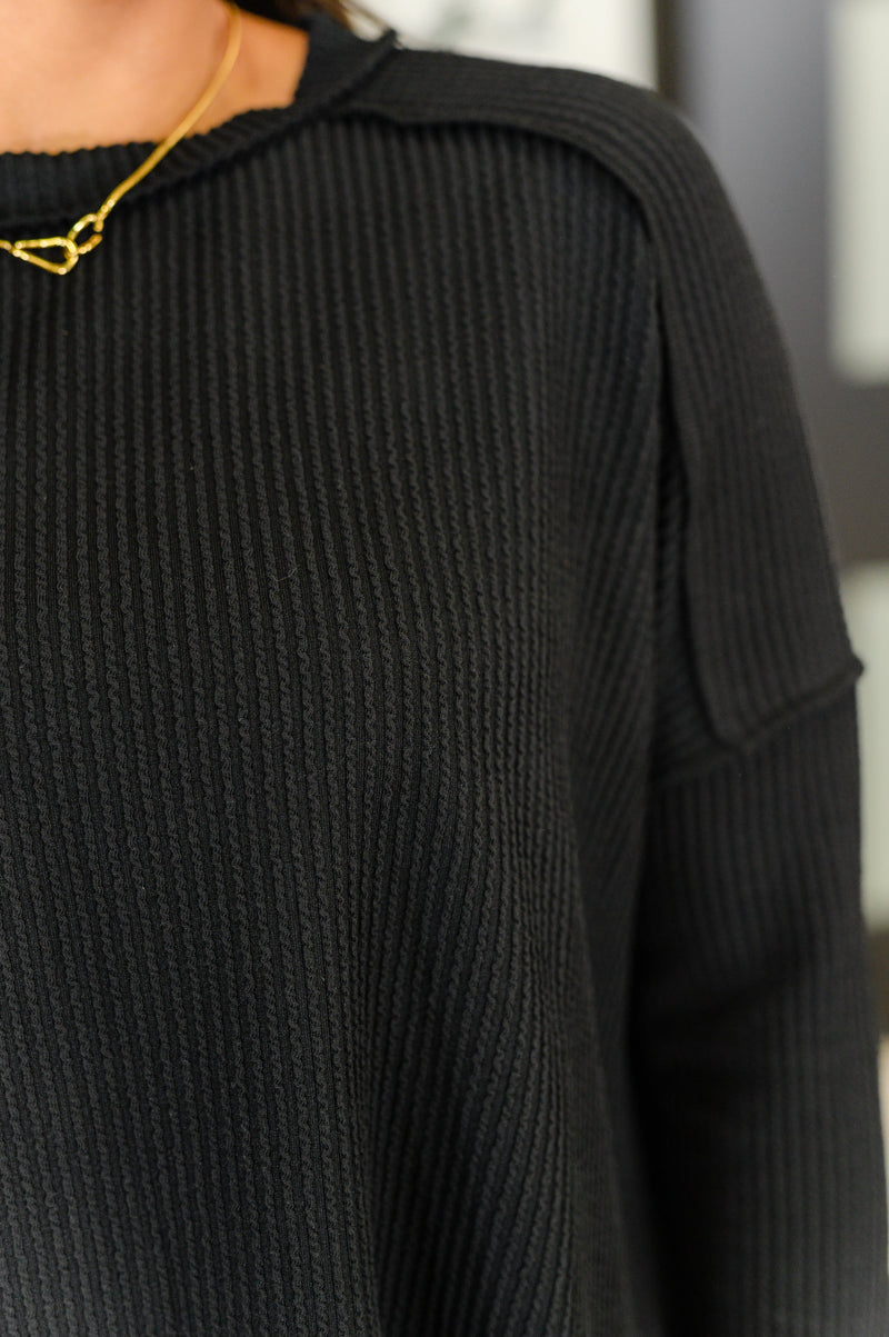 Zenana Ribbed Knit Long Sleeve Top in Black