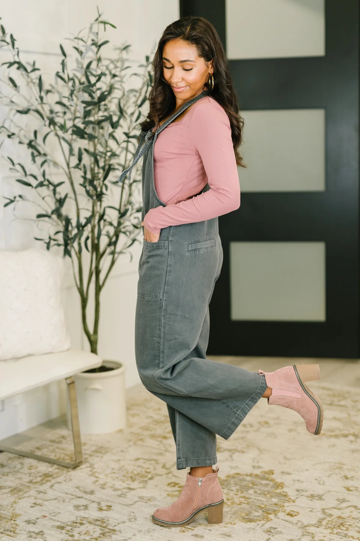 Zenana Washed Knot Strap Relaxed Fit Overalls in Ash Black