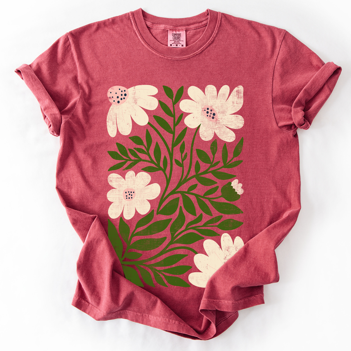 White Wildflower Botanical Comfort Colors Graphic T-Shirt Crimson