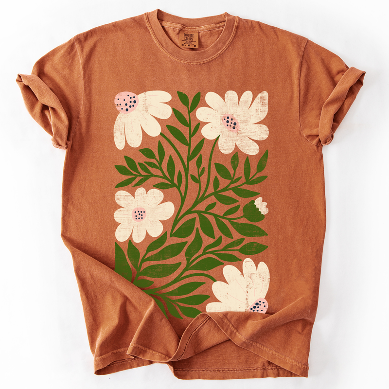 White Wildflower Botanical Comfort Colors Graphic T-Shirt Orange