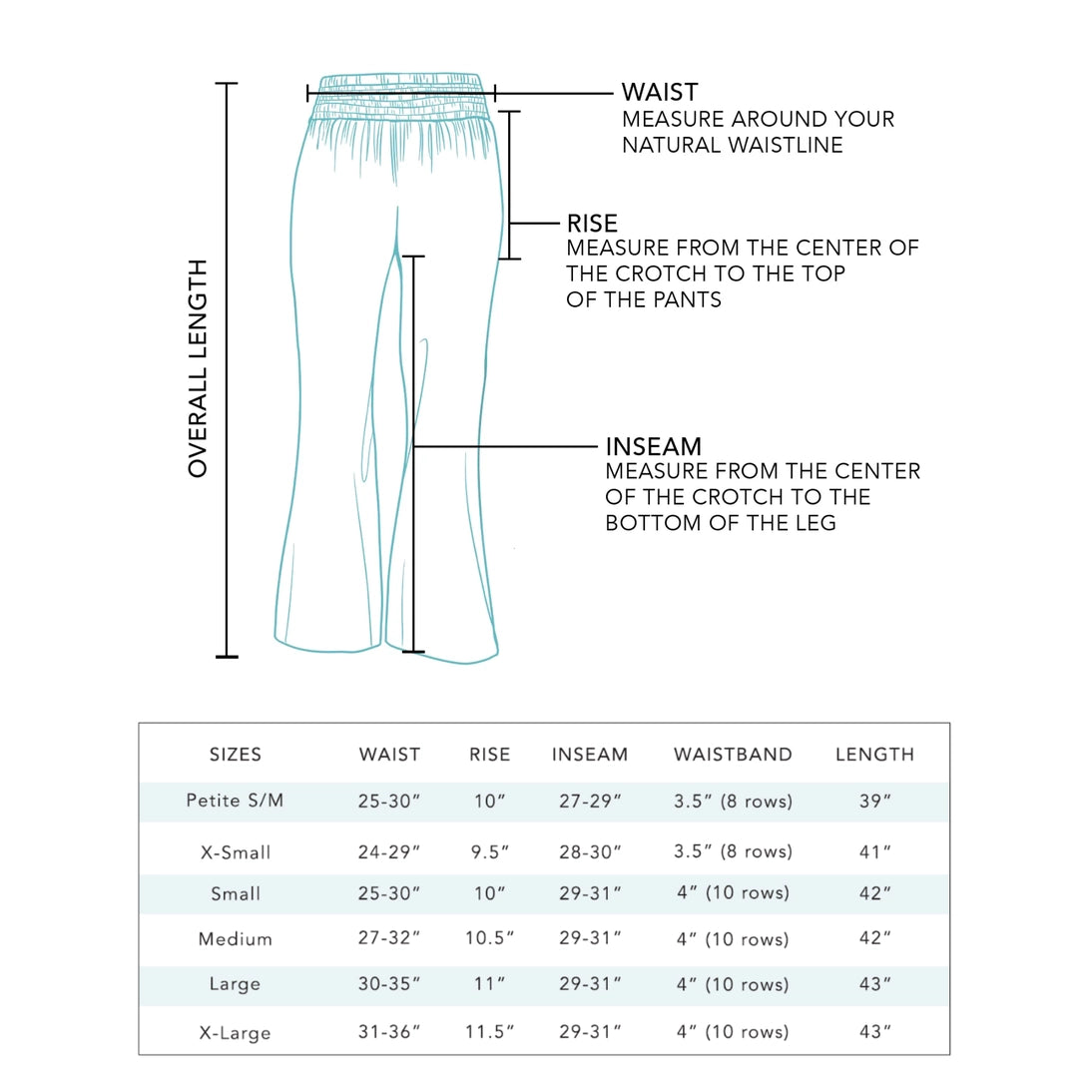 Lotus and Luna Wide Leg Cotton Pants Size Chart