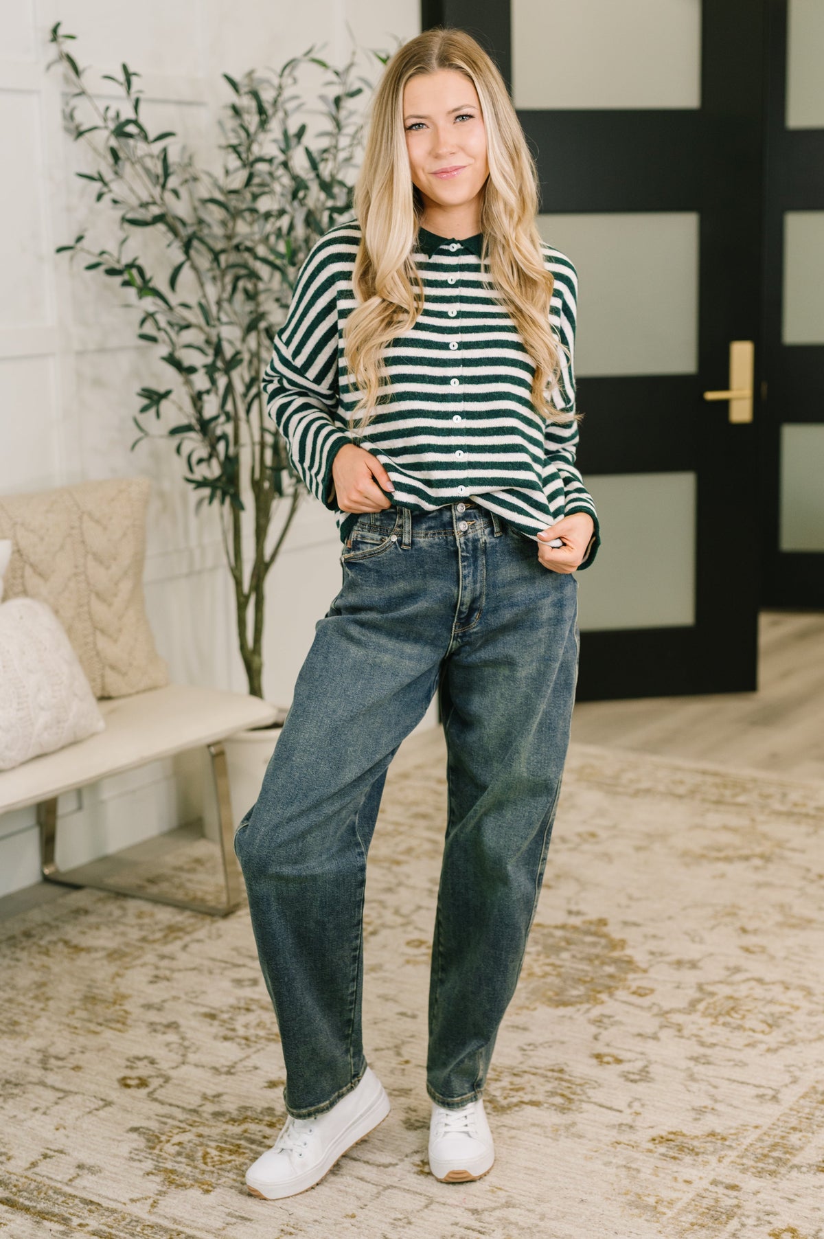 Zenana Collared Sweater Button Down in Hunter Green Stripe