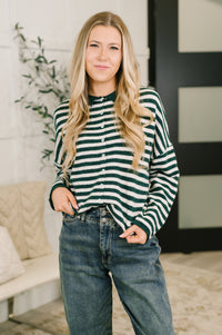Zenana Collared Sweater Button Down in Hunter Green Stripe
