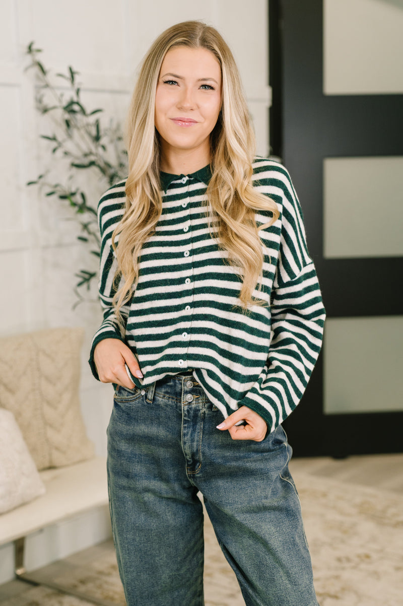 Zenana Collared Sweater Button Down in Hunter Green Stripe