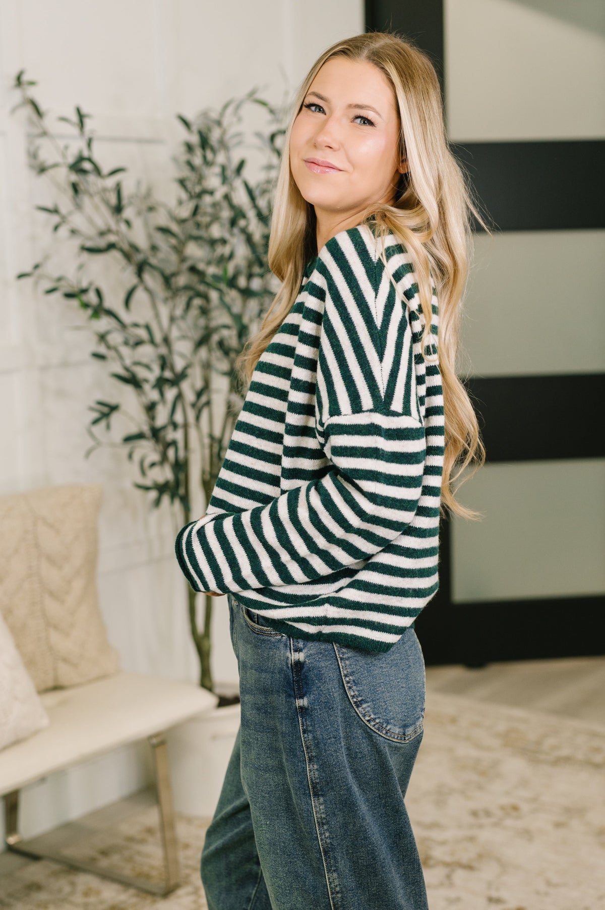 Zenana Collared Sweater Button Down in Hunter Green Stripe