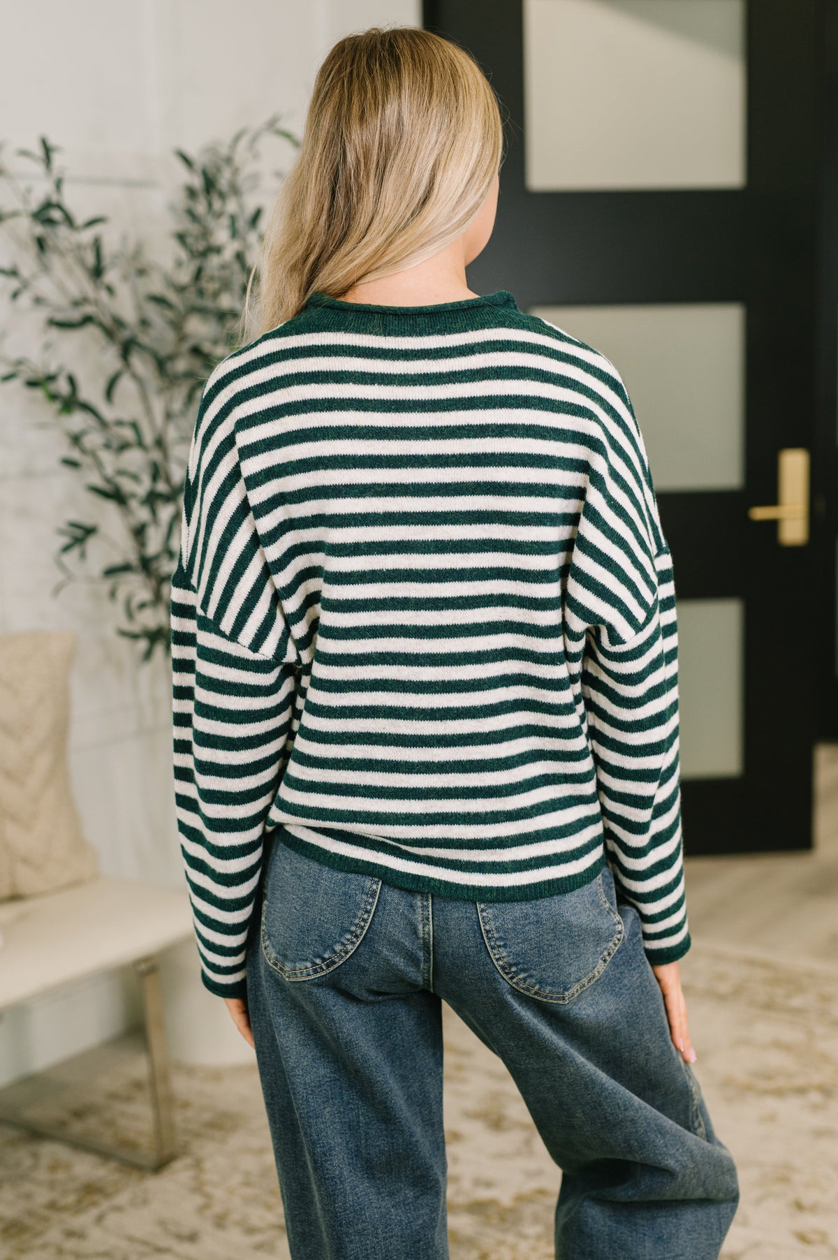 Zenana Collared Sweater Button Down in Hunter Green Stripe