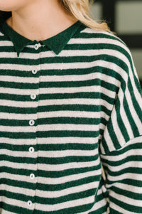 Zenana Collared Sweater Button Down in Hunter Green Stripe