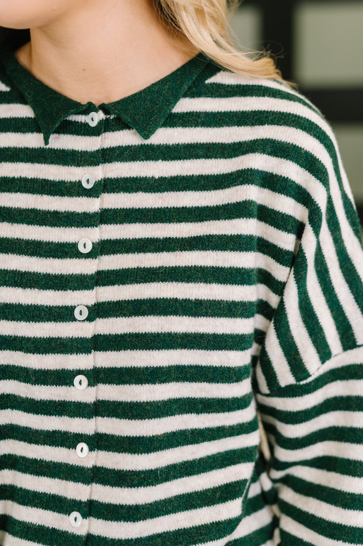 Zenana Collared Sweater Button Down in Hunter Green Stripe