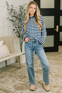 Zenana Collared Sweater Button Down in Navy Stripe