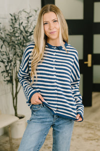 Zenana Collared Sweater Button Down in Navy Stripe
