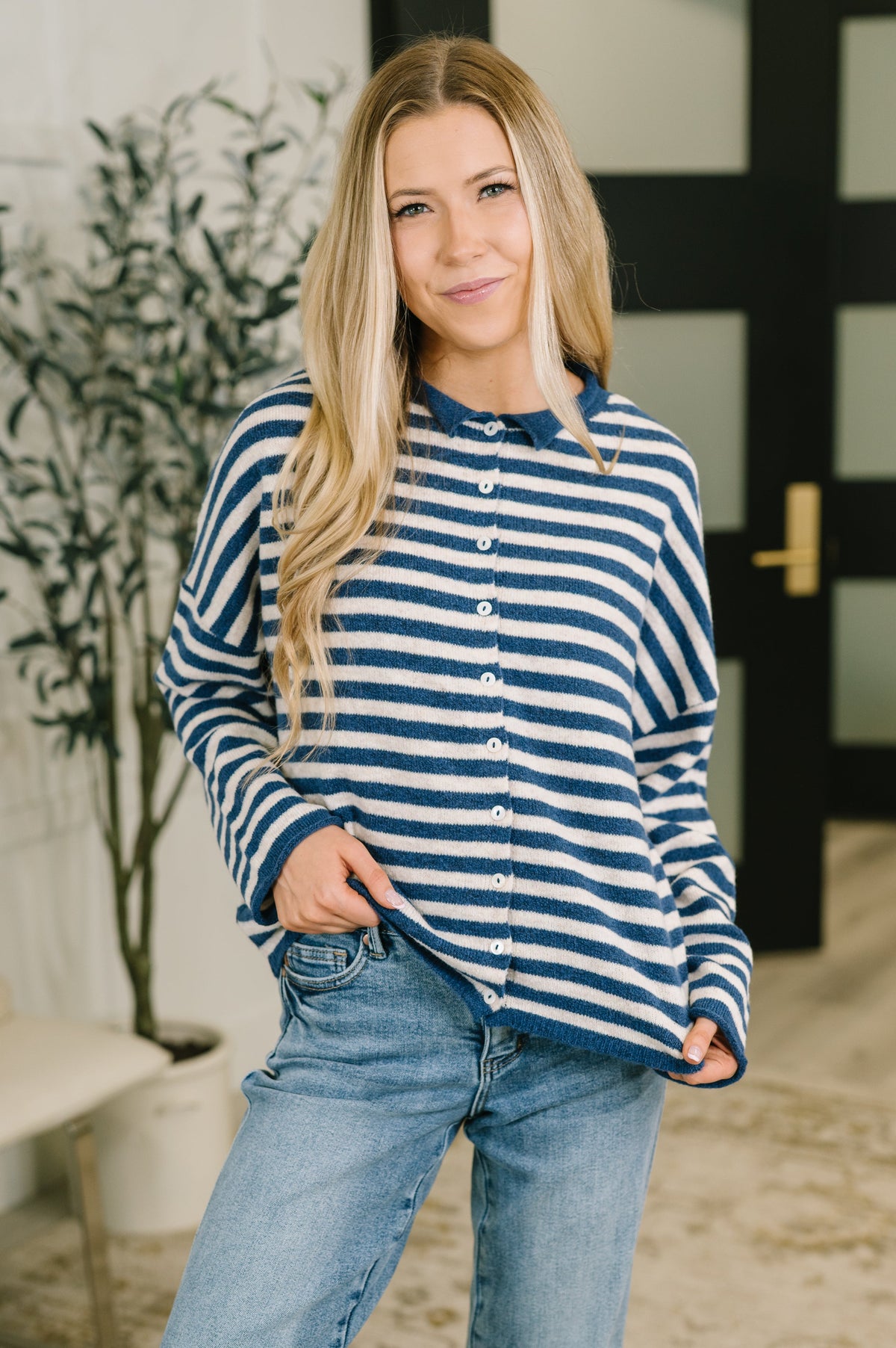 Zenana Collared Sweater Button Down in Navy Stripe