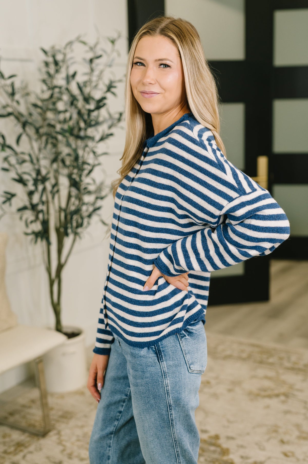 Zenana Collared Sweater Button Down in Navy Stripe