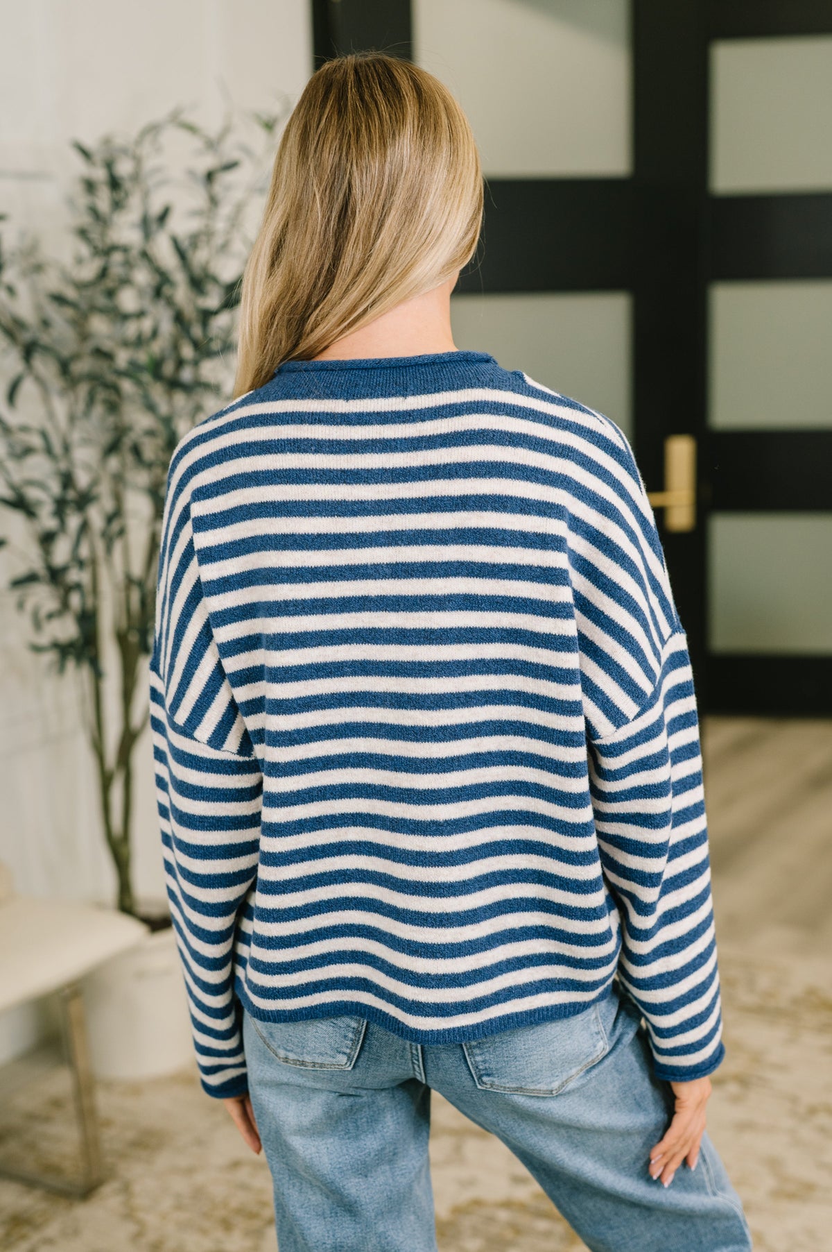 Zenana Collared Sweater Button Down in Navy Stripe