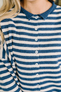 Zenana Collared Sweater Button Down in Navy Stripe