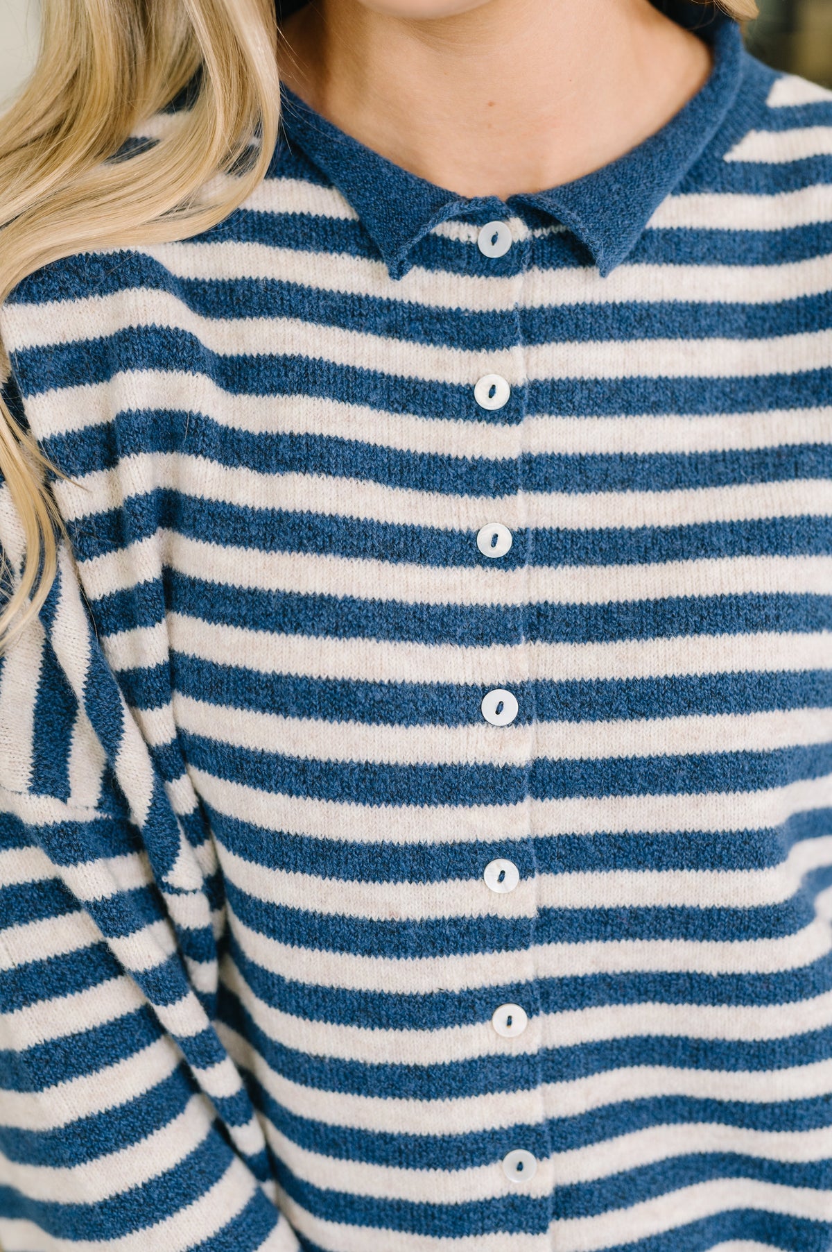 Zenana Collared Sweater Button Down in Navy Stripe