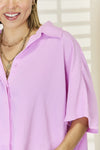 Textured Button Up Short Sleeve High-Low Shirt