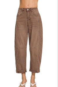 Zenana Mid Rise Barrel Leg Cropped Jeans in Brown