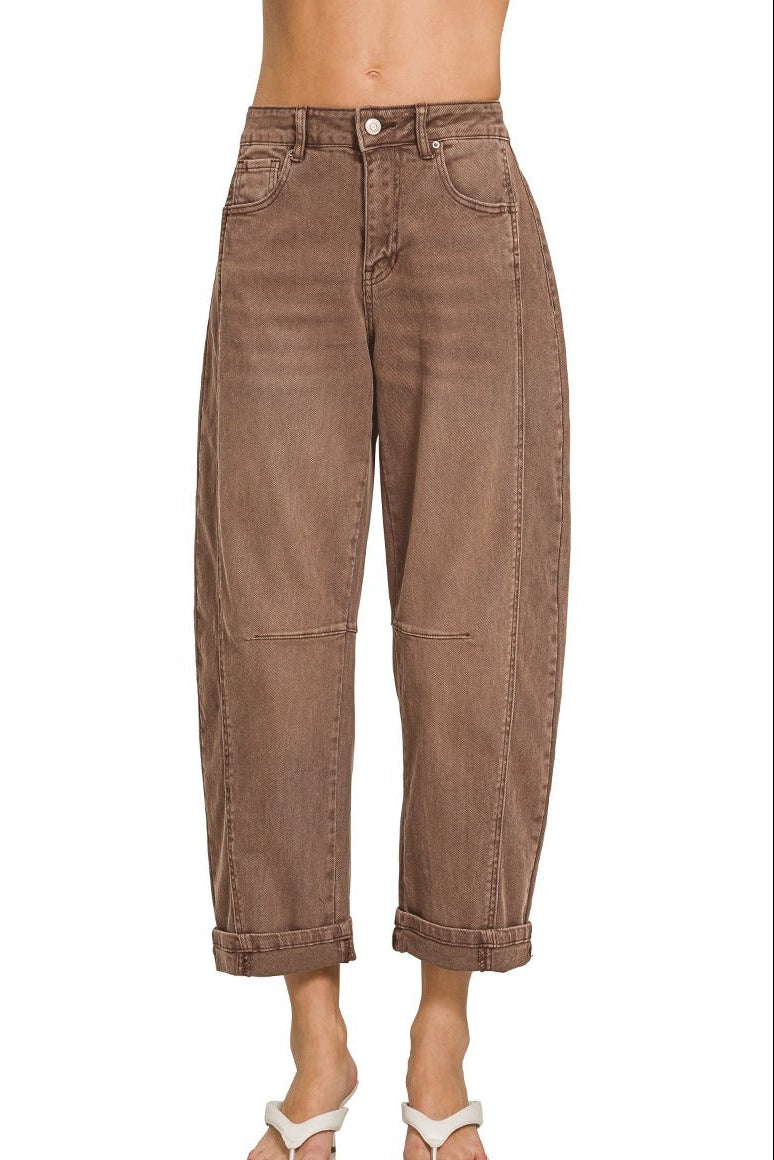 Zenana Mid Rise Barrel Leg Cropped Jeans in Brown