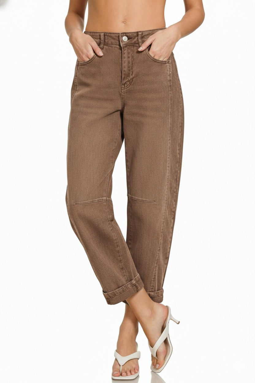 Zenana Mid Rise Barrel Leg Cropped Jeans in Brown