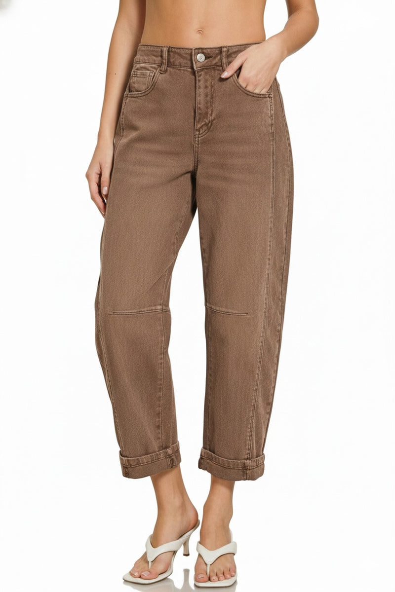 Zenana Mid Rise Barrel Leg Cropped Jeans in Brown