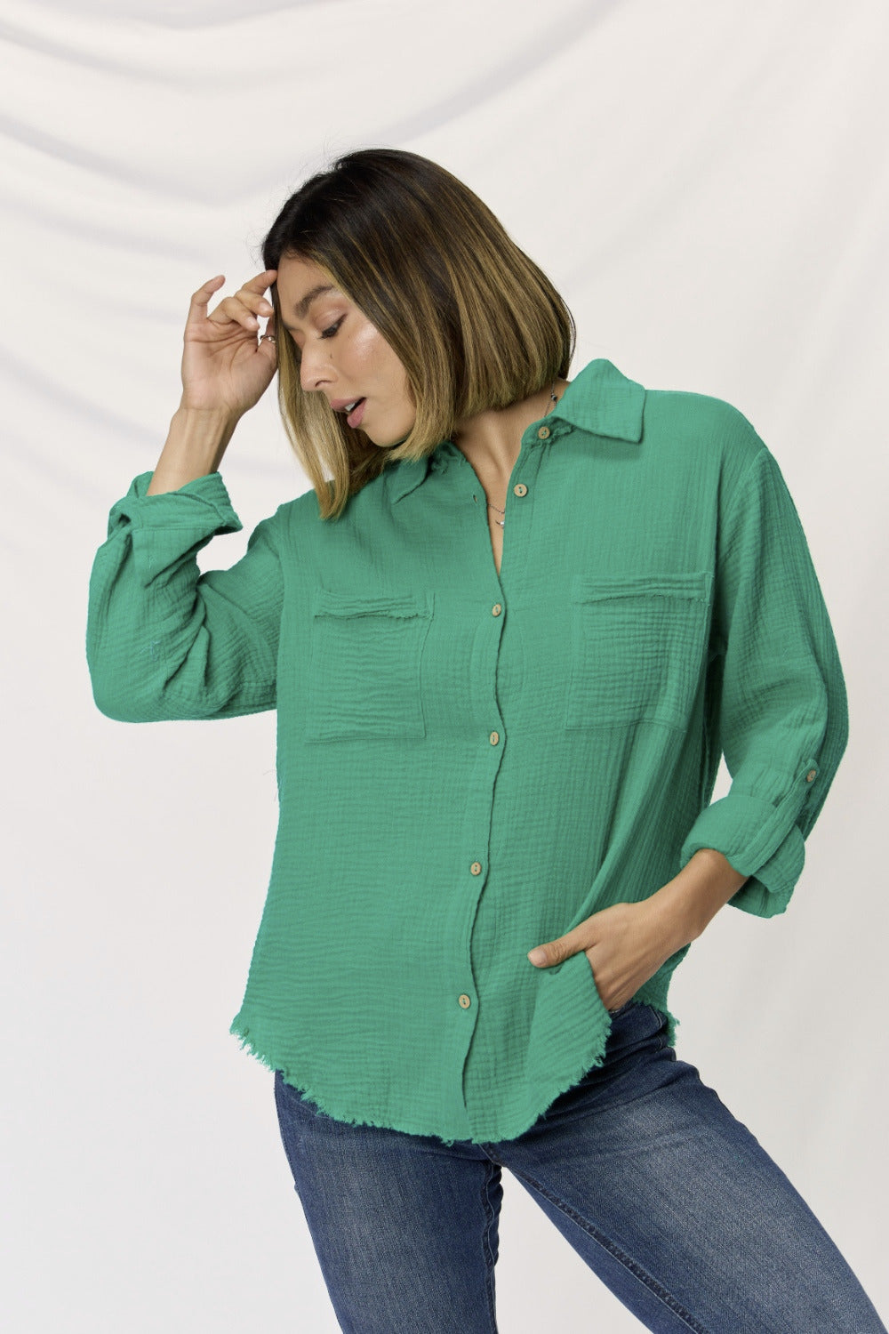 Textured Button Down Raw Hem Long Sleeve Shirt - Kelly Green