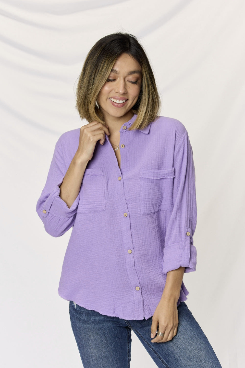 Textured Button Down Raw Hem Long Sleeve Shirt - Lavender