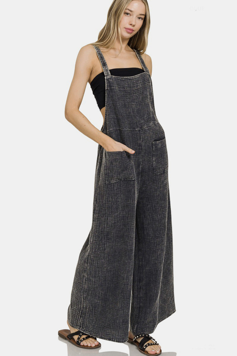 Cotton Mineral Washed Double Gauze Wide Leg Overalls