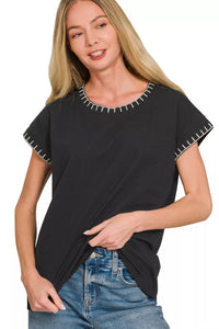 Zenana Contrast Stitch Detail Short Sleeve Top