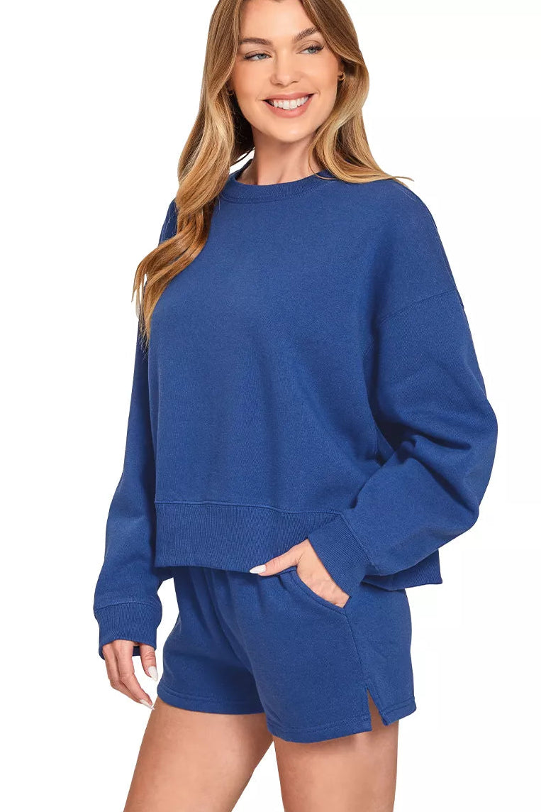 Zenana Fleece Round Neck Pullover Sweatshirt and Shorts Set in Light Navy