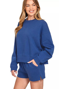 Zenana Fleece Round Neck Pullover Sweatshirt and Shorts Set in Light Navy