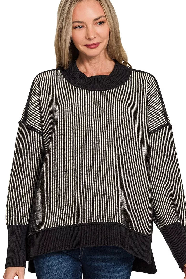 Zenana Two Tone Ribbed Sweater in Black