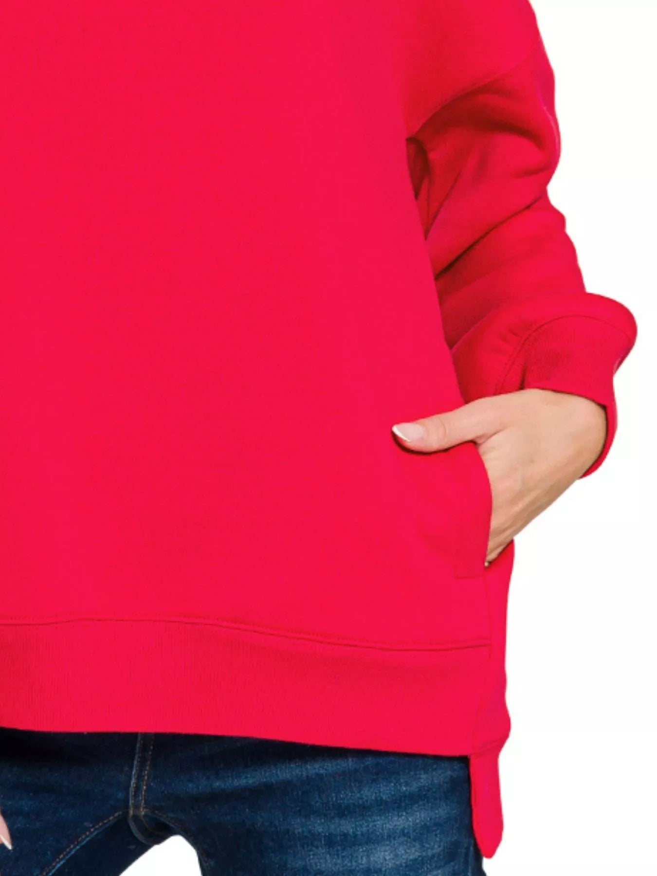 Fleece Hi-Low Boyfriend Sweatshirt with Pockets in Ruby Red
