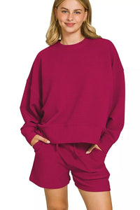 Zenana Ribbed Round Neck Pullover and Shorts Set in Cabernet